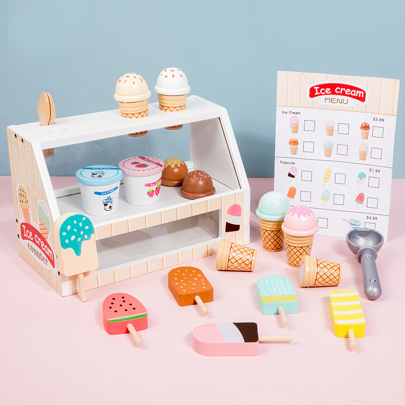 wooden ice cream shop toy,kids cashier role play,pretend play ice cream set,wooden supermarket toy,educational kids' toy,eco-friendly wood toys,ice cream pretend game,wooden play food set,kids' grocery store role play,cash register play toy