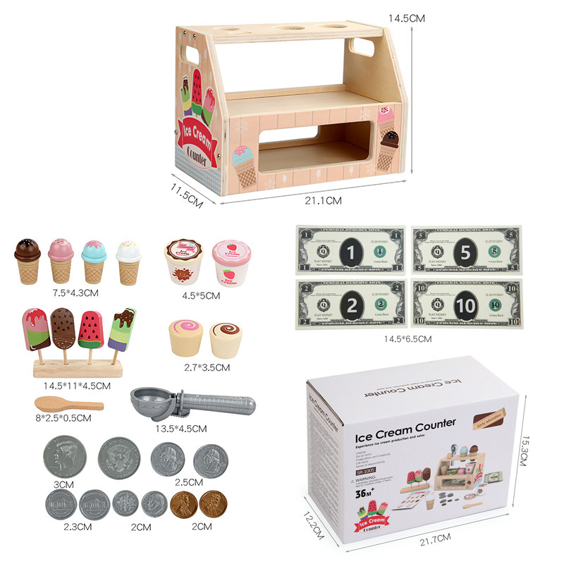 wooden ice cream shop toy,kids cashier role play,pretend play ice cream set,wooden supermarket toy,educational kids' toy,eco-friendly wood toys,ice cream pretend game,wooden play food set,kids' grocery store role play,cash register play toy